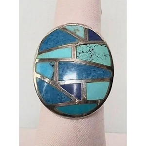 925 STERLING SILVER TURQUOISE AND LAPIS LAZULI INLAID RING SIZE 6.25 SKY - Picture 1 of 11
