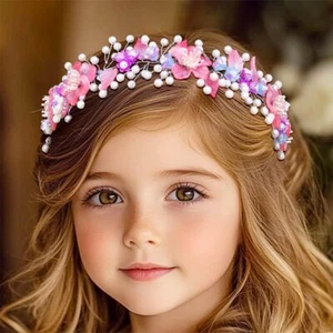 Pink Flower Girls Headpiece Pearl Wedding Headband Crystal Floral Girls Hair ... - Picture 1 of 7
