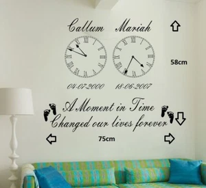 Vinilo Arte de Pared Personalizado para Niños Fecha de Nacimiento 2 Relojes Pegatina Sala de estar - Imagen 1 de 5