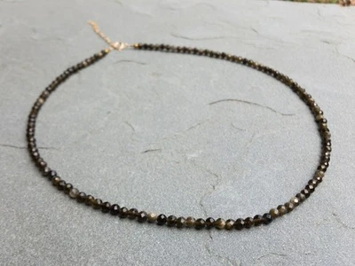 Colares de miçangas redondas facetadas micro de obsidiana preta dourada 2-3 mm 24"" - Imagem 1 de 4