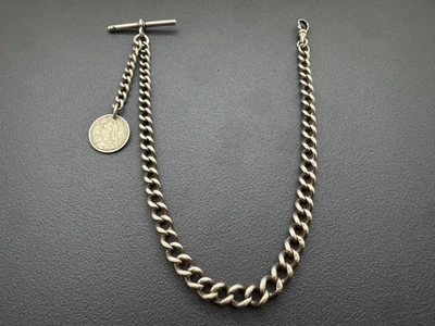 Antique Solid Silver Hallmarked Heavy 40gr Single Albert Watch Chain And  Fob 12 - Image 1 of 4
