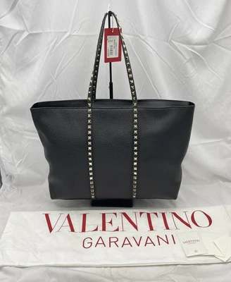 Valentino Garavani Womens Rockstud Large Tote Shoulder Bag Pebble Leather Black - Image 1 of 4