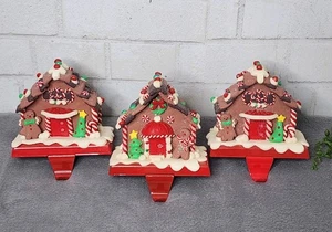 Gingerbread House Christmas Stocking Holders Fireplace Mantle Holder Clay 3 Pc - Picture 1 of 7