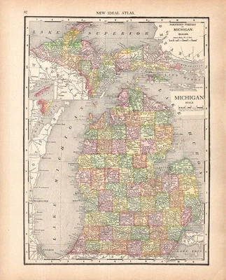 1911 Antique MICHIGAN State Map Gallery Wall Decor Vintage Map of Michigan 2577 - Image 1 of 3