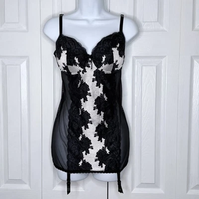 Victorias Secret Babydoll Lingerie Garters Lace 36D Black White Lace Push Up - Image 1 of 4