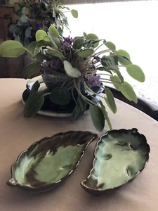 Vintage Frankoma Prairie Green Leaf Candy Dish Bowl 225 9” Set Of 2 - Picture 1 of 4