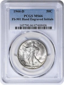 Medio dólar 1944-D Walking Liberty iniciales grabadas a mano FS-901 MS66 PCGS - Imagen 1 de 2