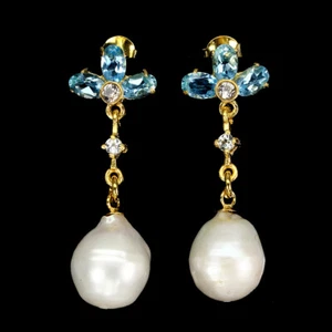 925 Sterling Silver Earrings Baroque Pearl 14x12mm Blue Topaz Topaz Gemstone - Picture 1 of 9