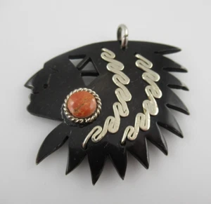 Vintage Black PlasticNative American Chief Pendant with Red Stone - Picture 1 of 3