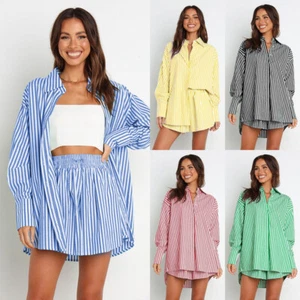 UK Women's Casual Tracksuit Summer Blouse Tops Shorts Striped Outfits Co Ord Set - Picture 1 of 35