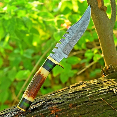 Cuchillo Bowie de caza Damasco mango táctico de asta de ciervo - hoja de columna dentada Foto 1 de 4
