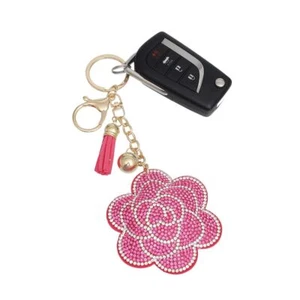 Keychain Glam Pink Rhinestone Flower Padded Charm - Picture 1 of 3