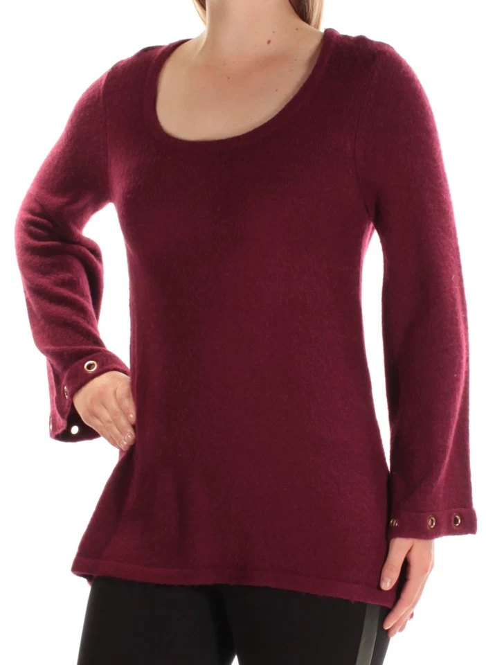 Kensie Knit Bell Sleeve Grommet Hole Tunic Sweater Cranberry Crew Neck M