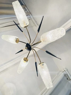 Lustre Ancien À 5 Branches 5 Flèches Noirs Laiton Et Tulipes En Verre An 1950 - Photo 1/4