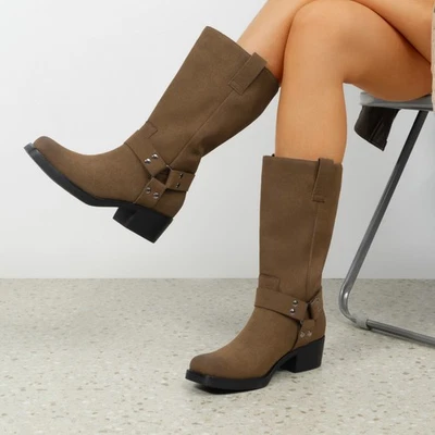 Botas de calle retro de moda para mujer para motocicletas de cuero PU botas de media pantorrilla Foto 1 de 4