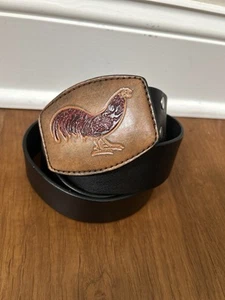 Express Italian Leather Belt ROOSTER Cock Buckle 36” Black Vintage USA Country - Picture 1 of 11