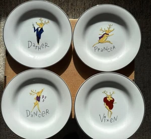 VTG 4- Pottery Barn Reindeer Cocktail Dessert Salad Plates Dasher Dancer Prancer - Picture 1 of 7