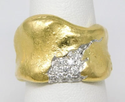 18 kt Yellow & White Gold Pavè Diamond Wide Free Form Band Ring Size 7.25 B6892 - Image 1 of 4