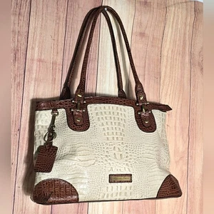 Etienne Aigner Leather Vintage Croc Embossed Cream & Brown Tote Satchel 15x10" - Picture 1 of 15
