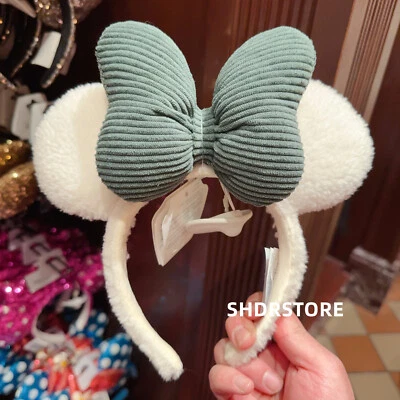 Disney authentic Winter Minnie Mouse white Ear Headband green bow disneyland - Image 1 of 2