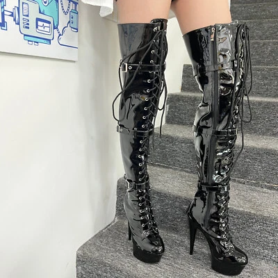 Womens Thigh High Lace Up Patent Leather Over the Knee Platform Stripper Boots - Image 1 of 4
