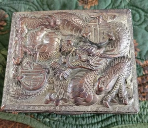 Japanese Cedar Lined, Silver Plated, Dragon Design Trinket Box - Picture 1 of 11