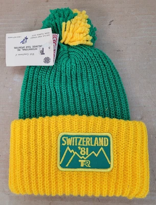 NUEVO CON ETIQUETAS Gorro Vintage VERDE/AMARILLO Orlon Acrílico Gorra HECHO EN LOS EE. UU. Tejido Hipster Foto 1 de 4