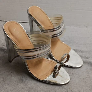 LILIANA WOMEN'S SILVER CLEAR BLOCK HEEL SLIDE SANDALS TAN 6.5 - Picture 1 of 9