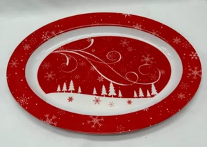 Melamin Weihnachten/Winter rot oval Serviertablett/Platte-Schneeflocken Bäume 10x14" - Bild 1 von 6