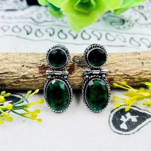 925 Sterling Silver Green Chrome Diopside Gemstone Handmade Jewelry Stud Earring - Picture 1 of 4