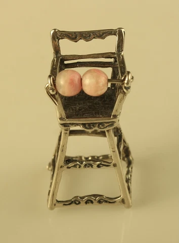 Vtg Sterling Sign 925 Detailed Figure Baby High Chair with Pink Beads Miniature Cover