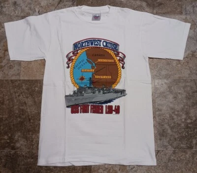 Редкая винтажная футболка 1991 USS Fort Fisher LSD 40 темно-синий корабль размер большой 19 дюймов x 28 дюймов  - Изображение 1 из 4