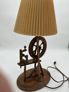 Vintage Artwood Maple Spinning Wheel Lamp With Pleated Shade, GUC - Picture 1 of 5