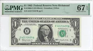 1963 $1 RICHMOND FRN. PMG SUPERB GEM Uncirculated 67 EPQ Banknote. E/B block - Picture 1 of 2