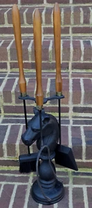 Vtg Equestrian Horse Head Hitching Post Cast Iron Fireplace 3 Piece Tool Set - Picture 1 of 13