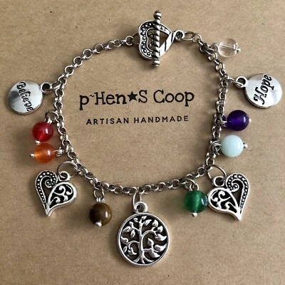 Chakra Bracelet Genuine Stone W Tree Of Life/Word/Heart Charms Artisan USA 1131 - Image 1 of 3