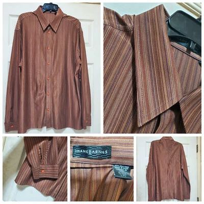 JHANE BARNES Shirt Mens Large Brown Rust Silk Striped Designer Art Club Retro - Image 1 of 4