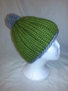 SILVERFOOT BC CANADA Gris y Verde 100% Lana TEJIDO POM GORRO TOQUE - Imagen 1 de 4