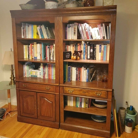 Hammary Vintage mid Century Solid Oak Wood Lighted 7' Library Book Shelves Cover