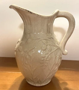 Vintage 8" Off-White Crackle Ceramic Water Pitcher ~ Leaf & Floral 3D Pattern - Picture 1 of 7