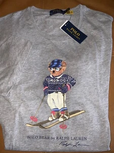 Polo Ralph Lauren Grey Cotton Iconic Ski winter bear tee Shirt Mens Sz XL NWT - Picture 1 of 4