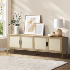 Oikiture TV Cabinet Entertainment Unit Stand 160cm Storage Rattan Doors Natural - Picture 1 of 10