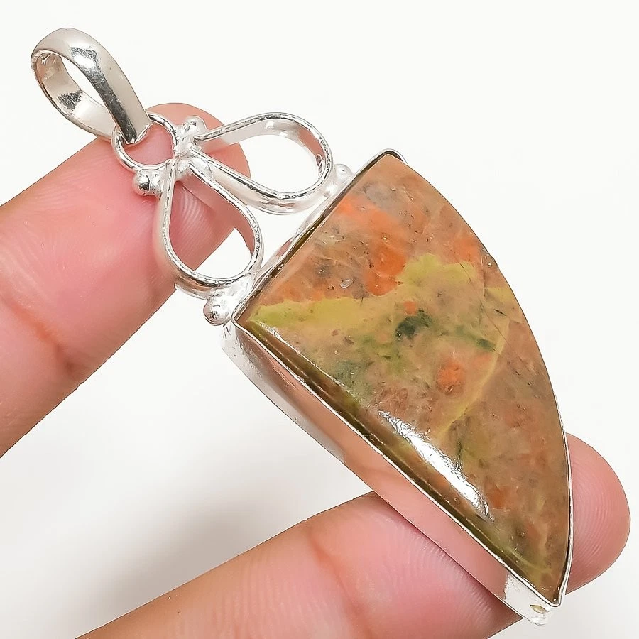 Unakite Gemma Fatto a Mano 925 Argento Sterling Ciondolo Gioielli 6.8cm - Immagine 1 di 4