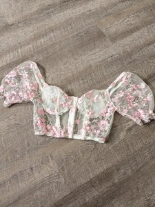 Floral Embroidered Mesh Sheer Bustier Milkmaid Top SM Puff Sleeve Coquette Fairy - Picture 1 of 7
