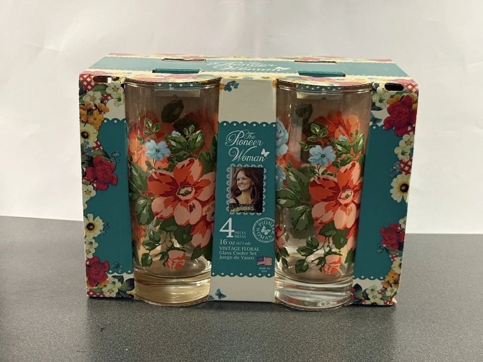 Juego de 4 vasos vintage florales difíciles de encontrar Pioneer Woman 16 OZ Foto 1 de 1
