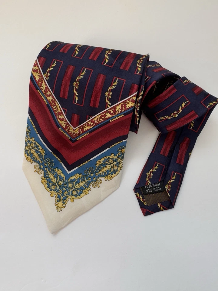 J. Ferrar Silk Tie Red Blue Gold Abstract Gold Leaf Necktie 46 x 4 Italian Made - Image 1 of 4