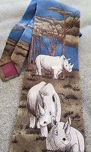 Blue Rhinoceros Tie World Wildlife Fund 100% Silk 1991                    MT - Picture 1 of 6