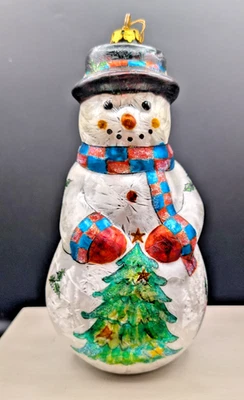 Muñeco de nieve grande de vidrio de 8" adorno de Navidad con árbol de Navidad pintado en el frente nuevo sin etiquetas Foto 1 de 4