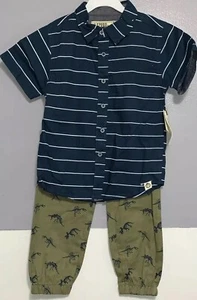 Free Planet 2 Piece Outfit Boy's Size 4 Blue Striped Shirt Olive Green Pants - Picture 1 of 7