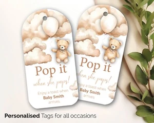 Baby Shower Gift Tags Personalised, Baby Blue Pop it Swing boho bear tag 209 - Picture 1 of 15